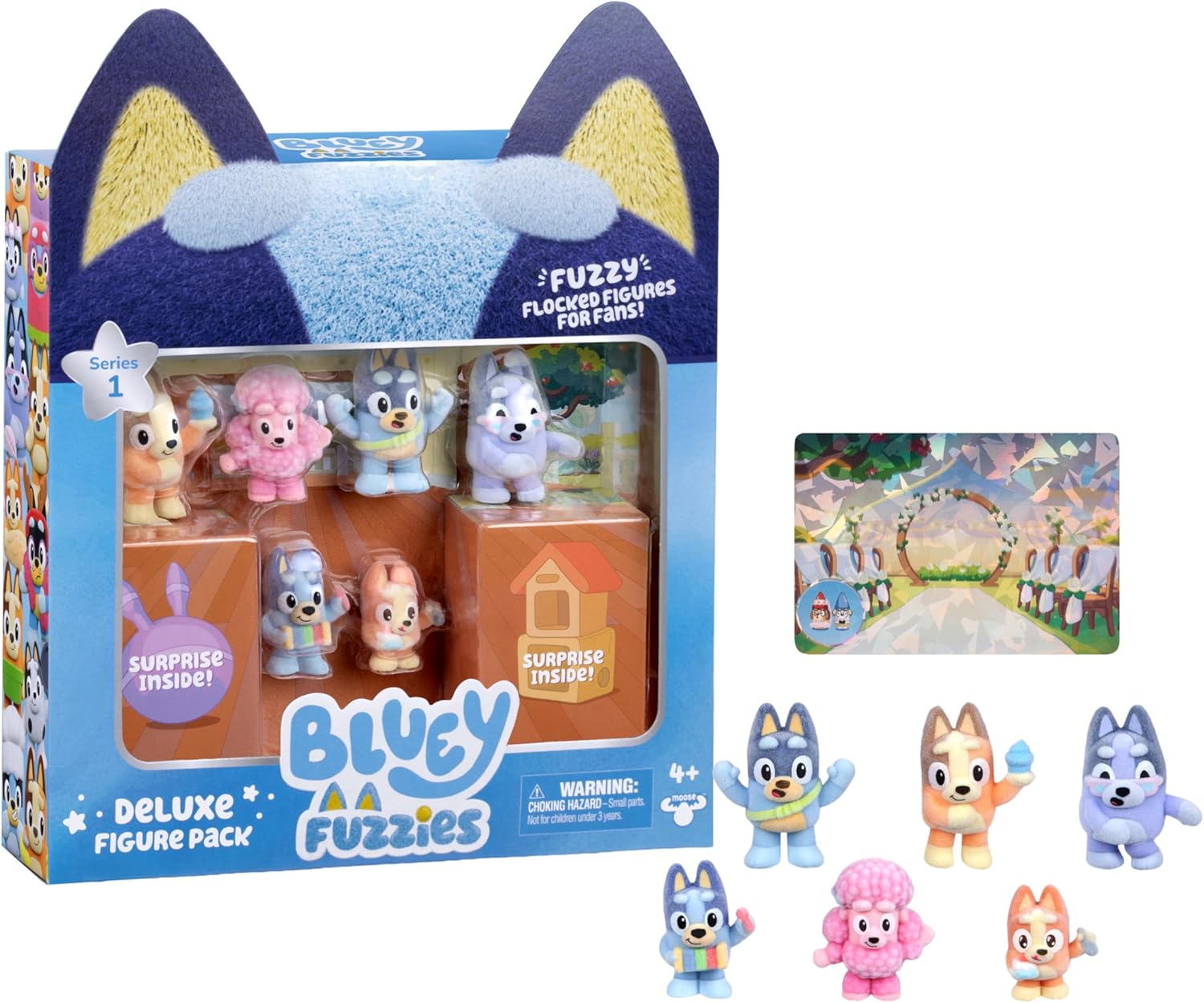 Bluey Fuzzies Deluxe Figure Pack. Eight Figures : 6 Specially Flocked Collectible Mini-Figures + 2 Surprise Figures (Blind Pack), Trading Card, and Collector's Guide. 80 to Collect in Series 1! - Image 2