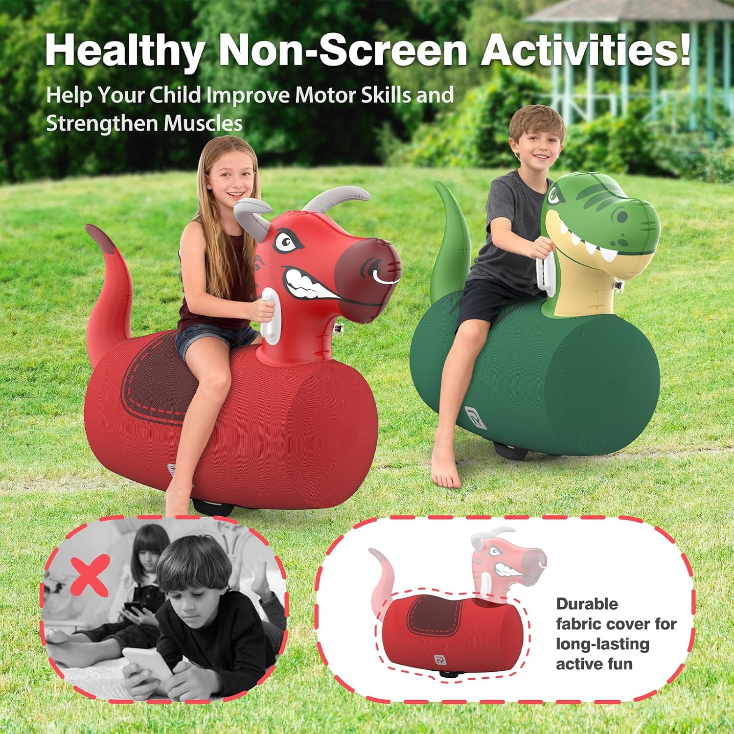 POVYRE Kids Boys Outdoor Toys, 2 PCS Giant Inflatable Dinosaur Bull Toys Bouncy Hopper with Pump, Ride-on Jumping Animal for Indoor Outdoor Play, 220 lbs Capacity, Gift for Ages 5+ - Image 5