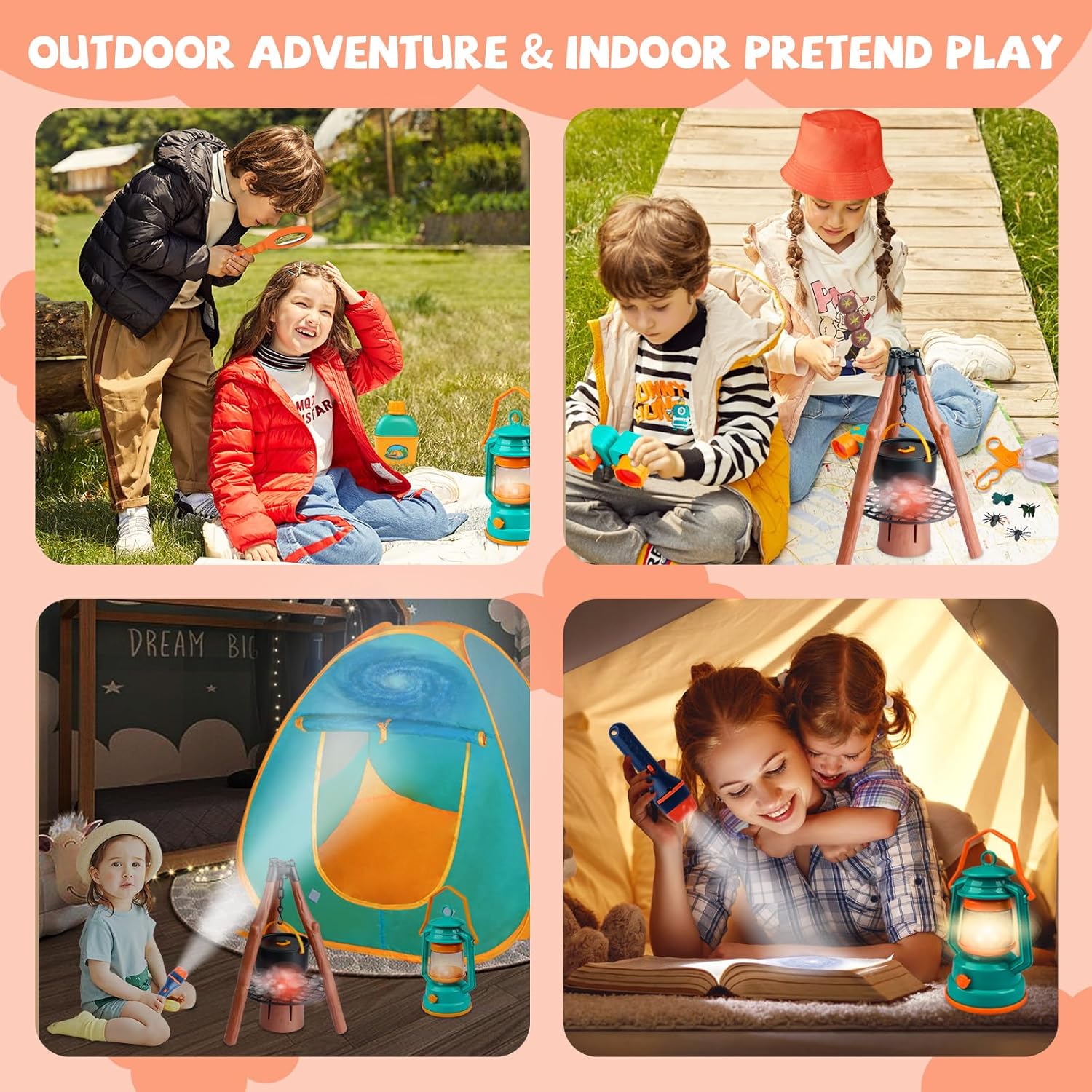 Qtioucp Kids Camping Set 50pcs with Tent & Space Projector Flashlight- Outdoor Campfire Toy Set for Toddlers Kids - Pretend Play Camp Gear Tools for Birthday Christmas - Image 6
