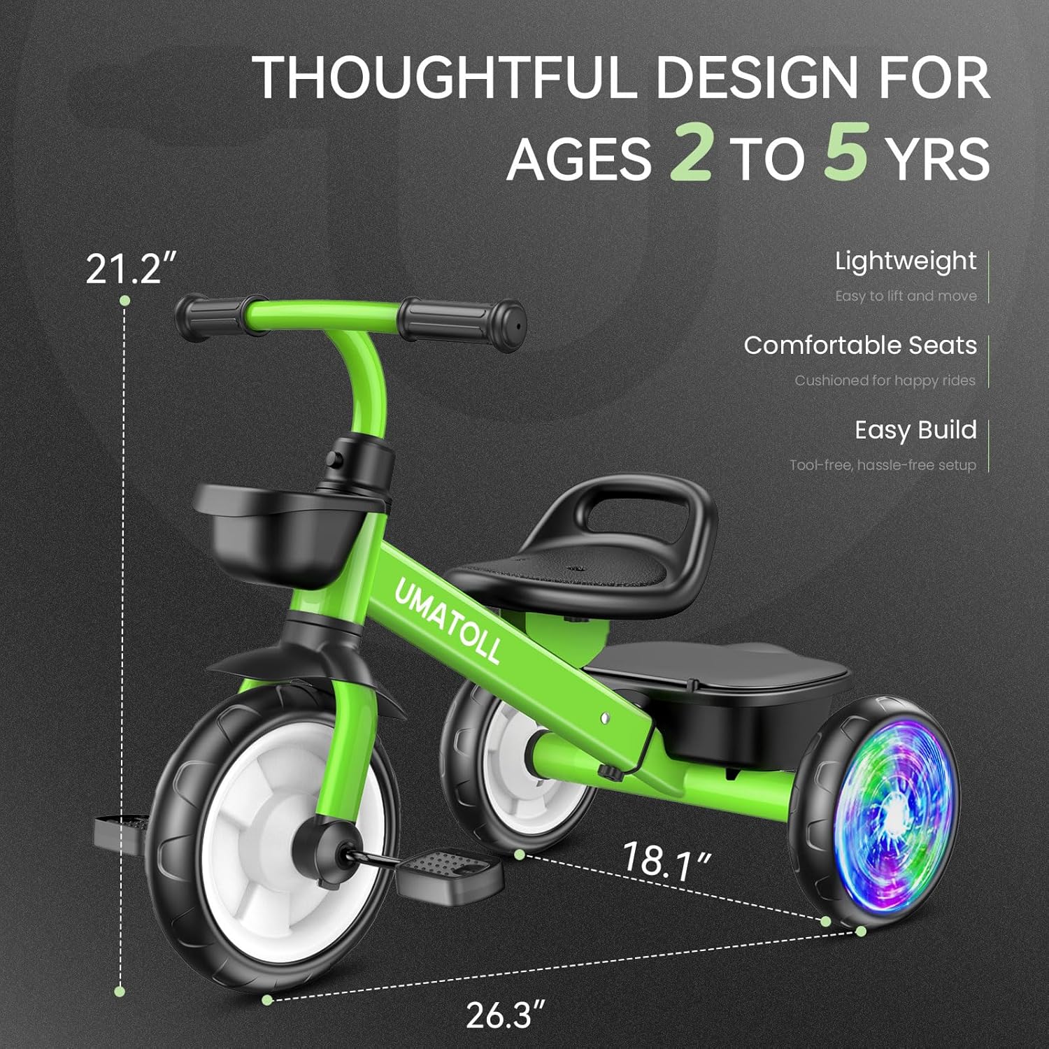 Umatoll Tricycle for Toddlers 2-5 Year Old, Ajustable Toddler Bike Outdoor Toys, Birthday Gift for Boy Girl Age 2-4, Trike with Light up Wheels (Green) - Image 8