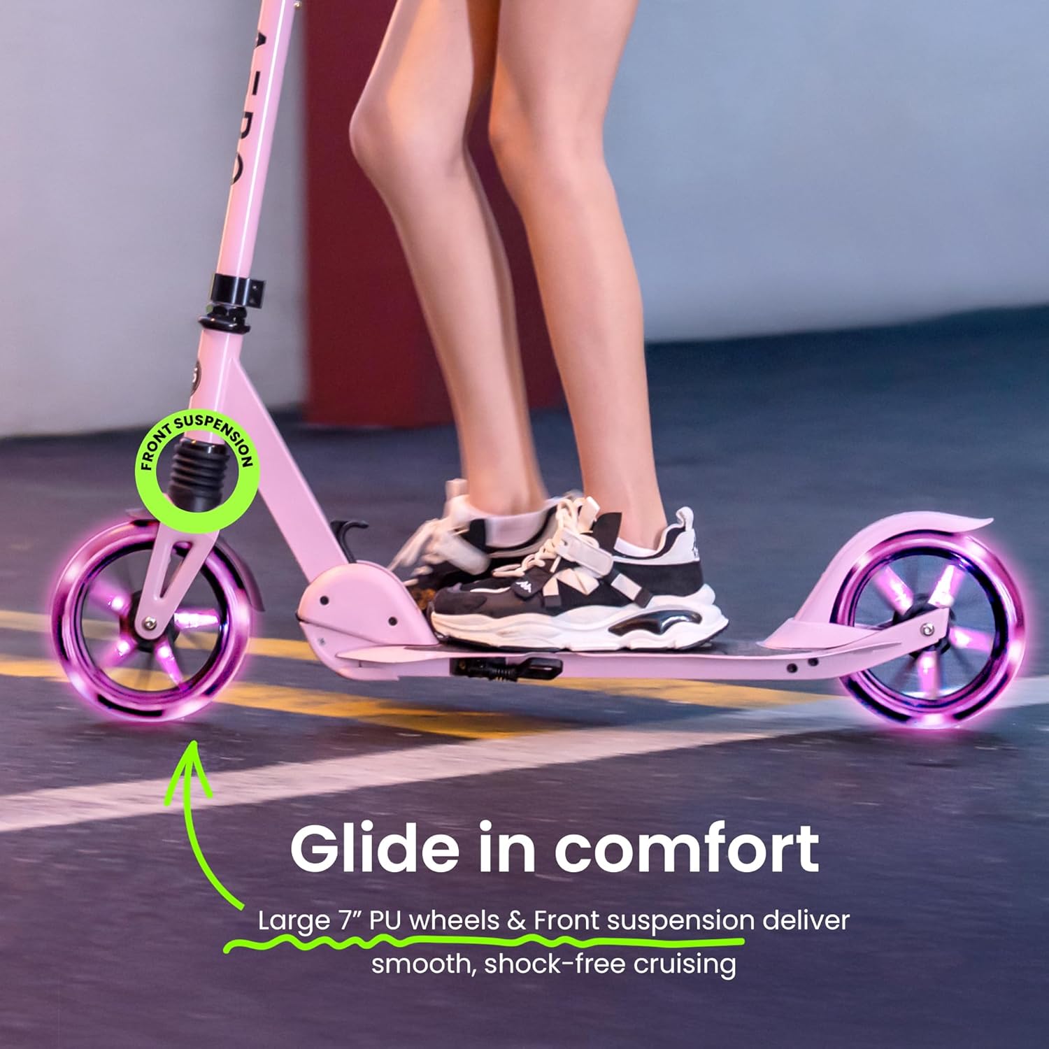 AERO MOBILITY Kick Scooter for Kids 6+, Teens & Adults | Light Up Wheels, Hand Brake, Rubber Deck Mat & Shock Absorption | Foldable & Height Adjustable - Image 3