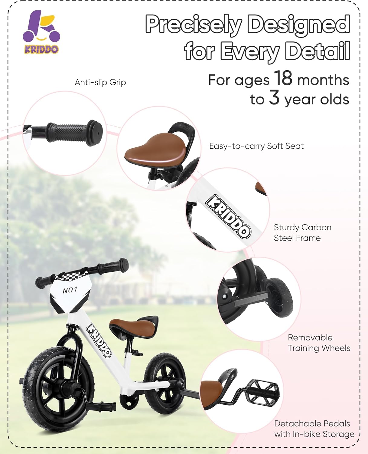 KRIDDO 2-in-1 Kids Tricycle and Toddler Balance Bike 2 Year Old, Detachable Pedals and Stowable Training Wheels, DIY Plate, Riding Trikes Toy for Ages 18 Months to 3 Years - Image 5