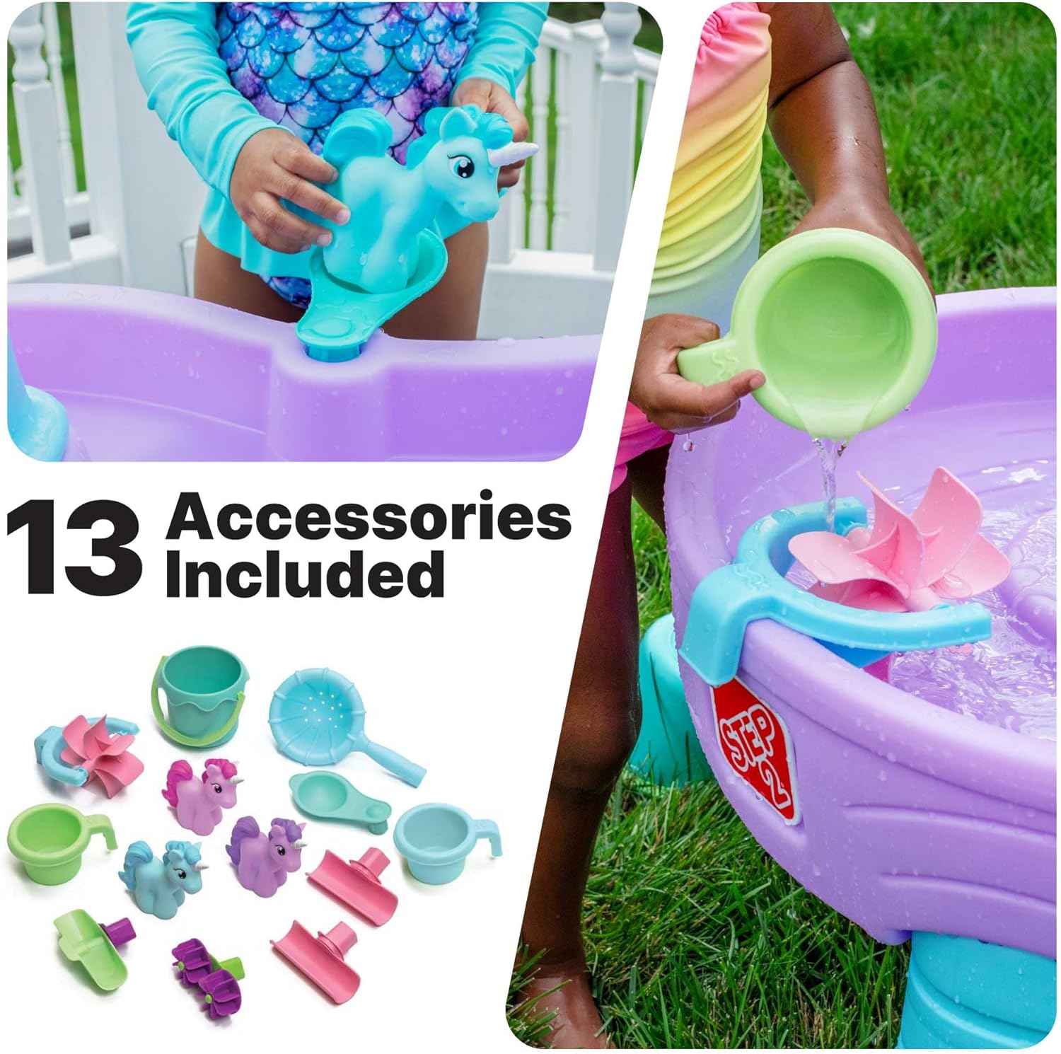 Step2 Rain Showers and Unicorns Water Table, Kids Water and Sand Activity Sensory Playset, Summer Outdoor Toys, 13 Piece Water Toy Accessories, for Toddlers 1.5+ Years Old, Blue & Purple - Image 7