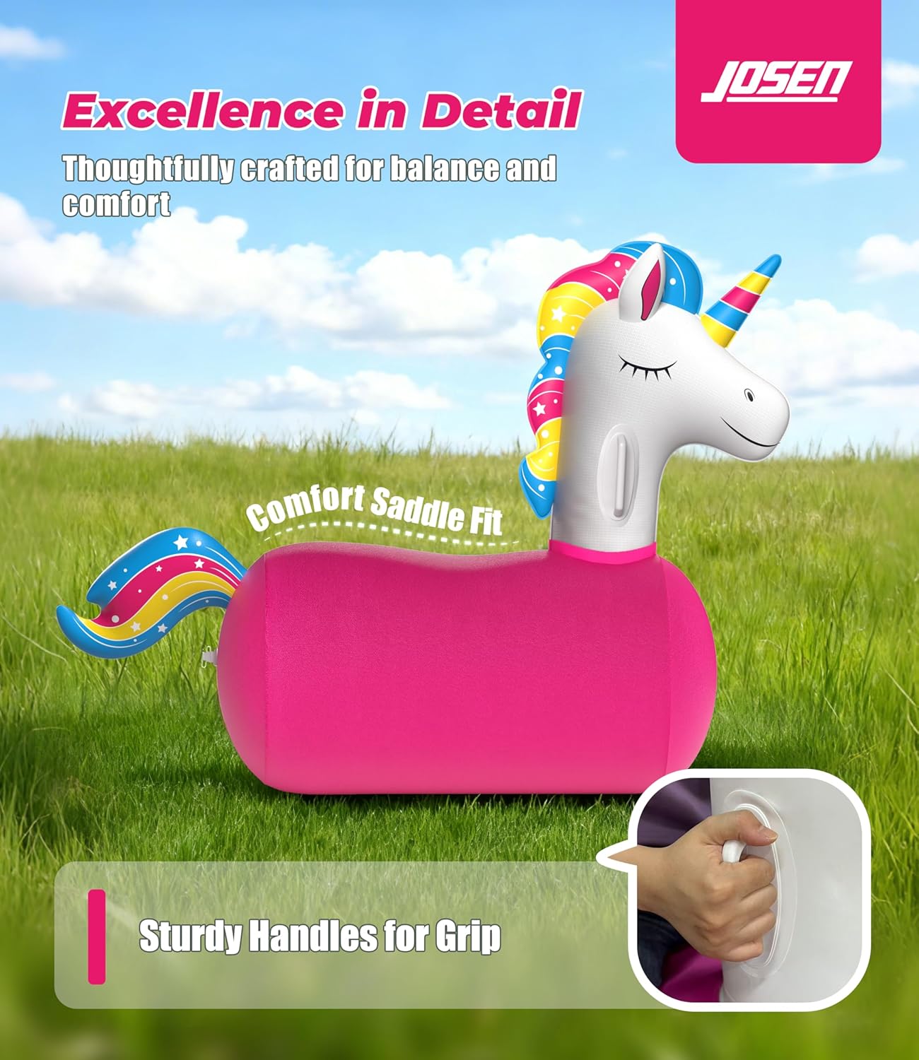 JOSEN Bouncy Hopper Giant Unicorn Ride On Toys, Inflatable Bouncing Animal Hopper with Hand Pump, Jumping Hopping Toys Up to 220lbs, Indoor Outdoor Bouncers for Teen Kids Girls Boys Ages 5+ - Image 4