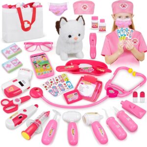 33Pcs Pet Doctor Kit for Toddlers – Dress Up Costume & Pretend Doctor Play Set with Cat Toy, Stethoscope, Portable Pet Vet Roleplay Toy, Christmas Birthday Gifts for Ages 3 4 5 6-8 Year Old Boys Girls