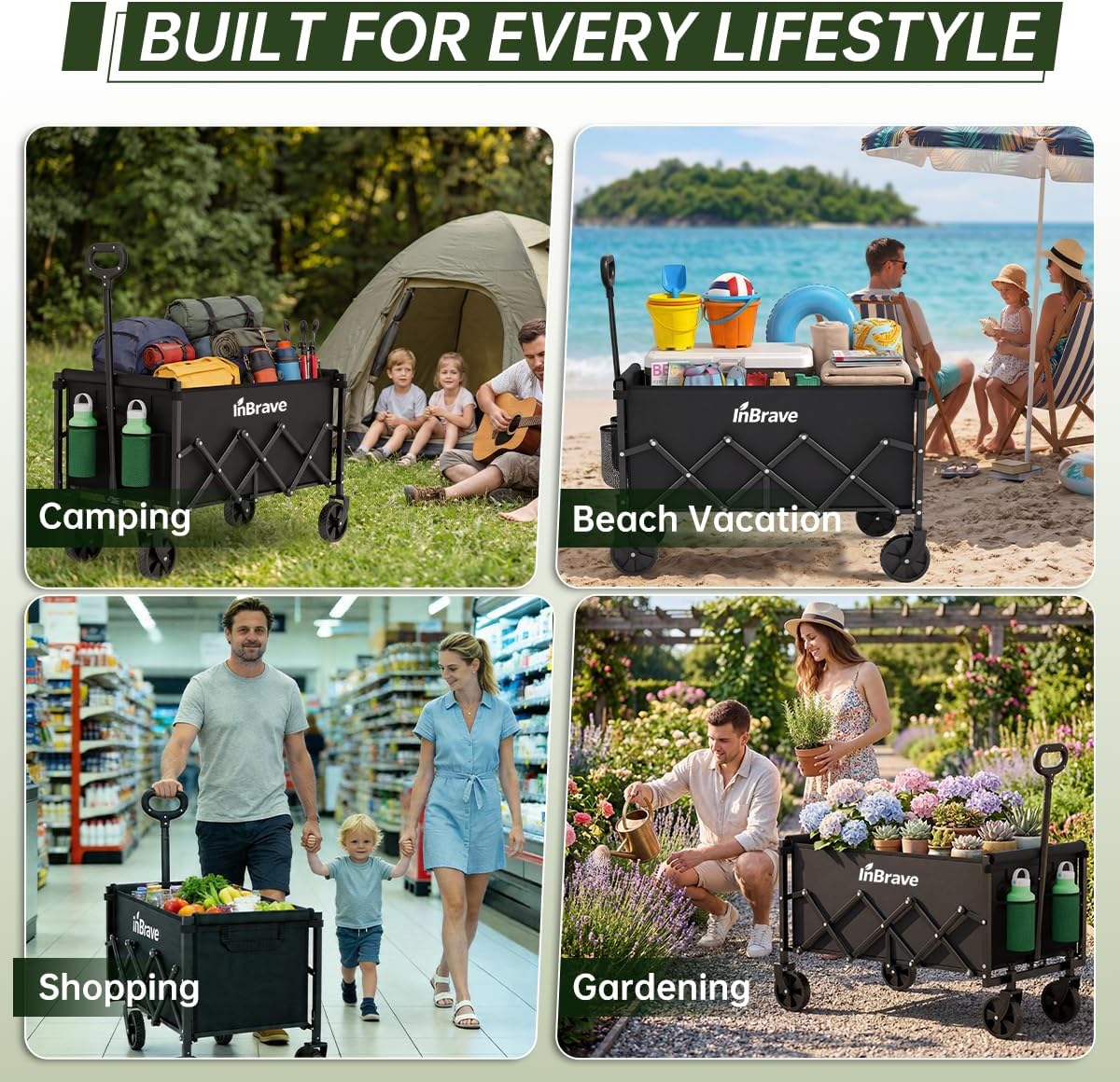 Collapsible Wagon Cart Foldable Beach Wagon with All-Terrain Wheels - 380 LBS Heavy Duty Grocery Cart for Shopping, Beach, Camping, Sports, Garden (Black) - Image 6