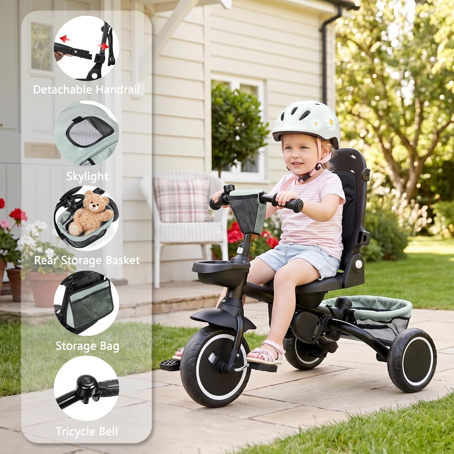 Kinder King Kids Tricycle, 8 in 1 Folding Toddler Trike w/Adjustable Push Handle, Rotatable Seat, Adjustable Canopy, Bell, Five-Point Harness, Storage, Toddler Bike for Age 1-5, Green - Image 6