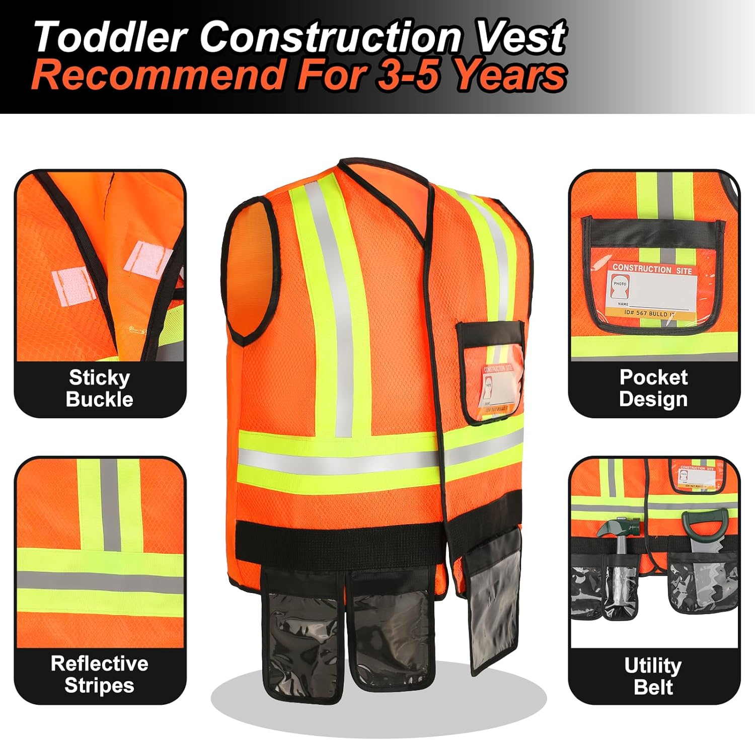 Liberry Kids Tool Set for Boys Girls 3-5 Years, Construction Worker Costume with Hat, Toddler Dress Up Toys for Birthday Gift - Image 2