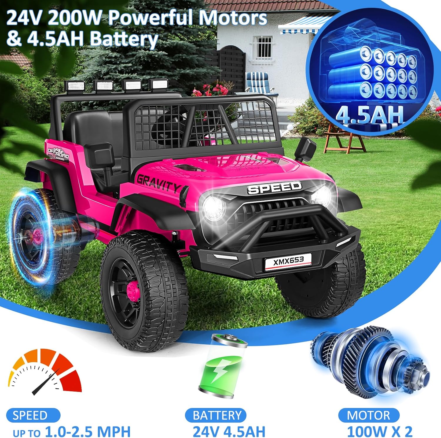 Hikole 24V Ride On Toys for Big Kids, 24V Power Wheels Truck with Remote Control, 3 Speed, Bluetooth, Music, Soft Start, Spring Suspension, LED Light, Electric Cars for Kids Boys Girls 3-5, Pink - Image 2