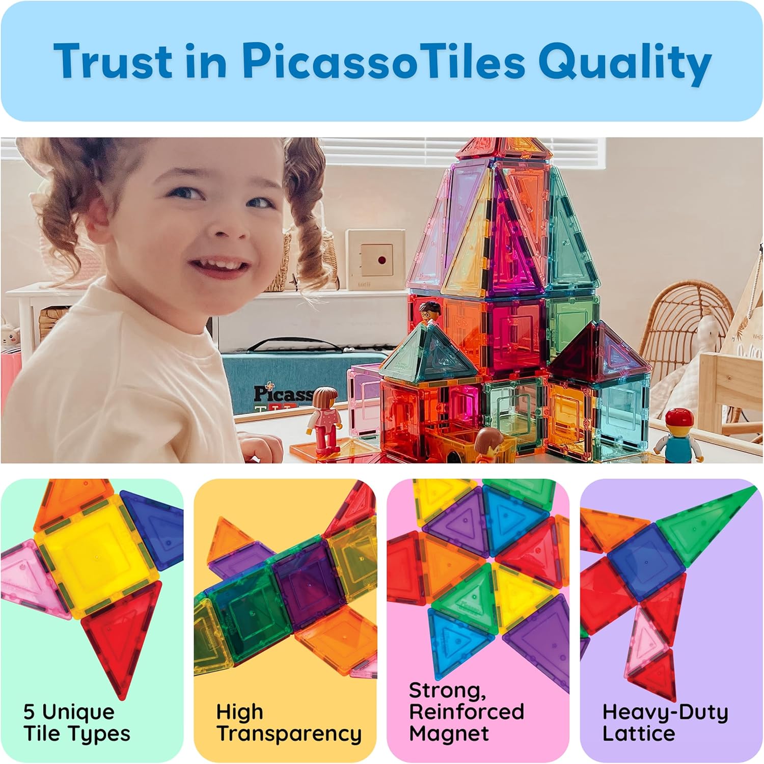 PicassoTiles 60 Piece Set 60pcs Magnet Building Tiles Clear Magnetic 3D Blocks Construction Playboards - Creativity Beyond Imagination, Inspirational, Recreational, Educational, Conventional - Image 7