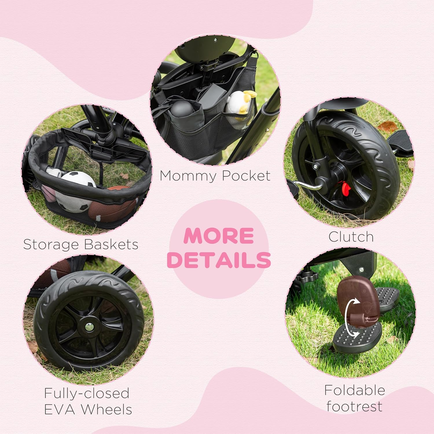 Qaba Kids Tricycle, 4 in 1 Foldable Trike with Reversible Seat, Adjustable Parent Handle, Safety Harness, Wheel Brakes, Removable Canopy, Storage, Tricycle for Toddlers 1-5 Years, Gray - Image 9