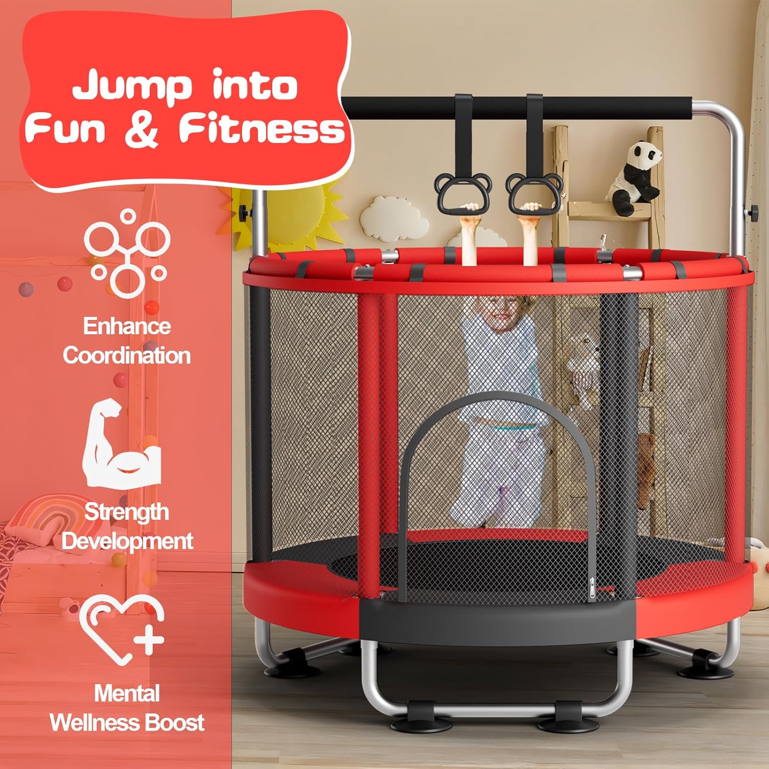 ZCMHAXJ 55" Trampoline for Kids with Enclosure, 440lbs Capacity Indoor & Outdoor Toddler Trampoline with Adjustable Gymnastics Bar & Toys, for Boys & Girls - Image 3