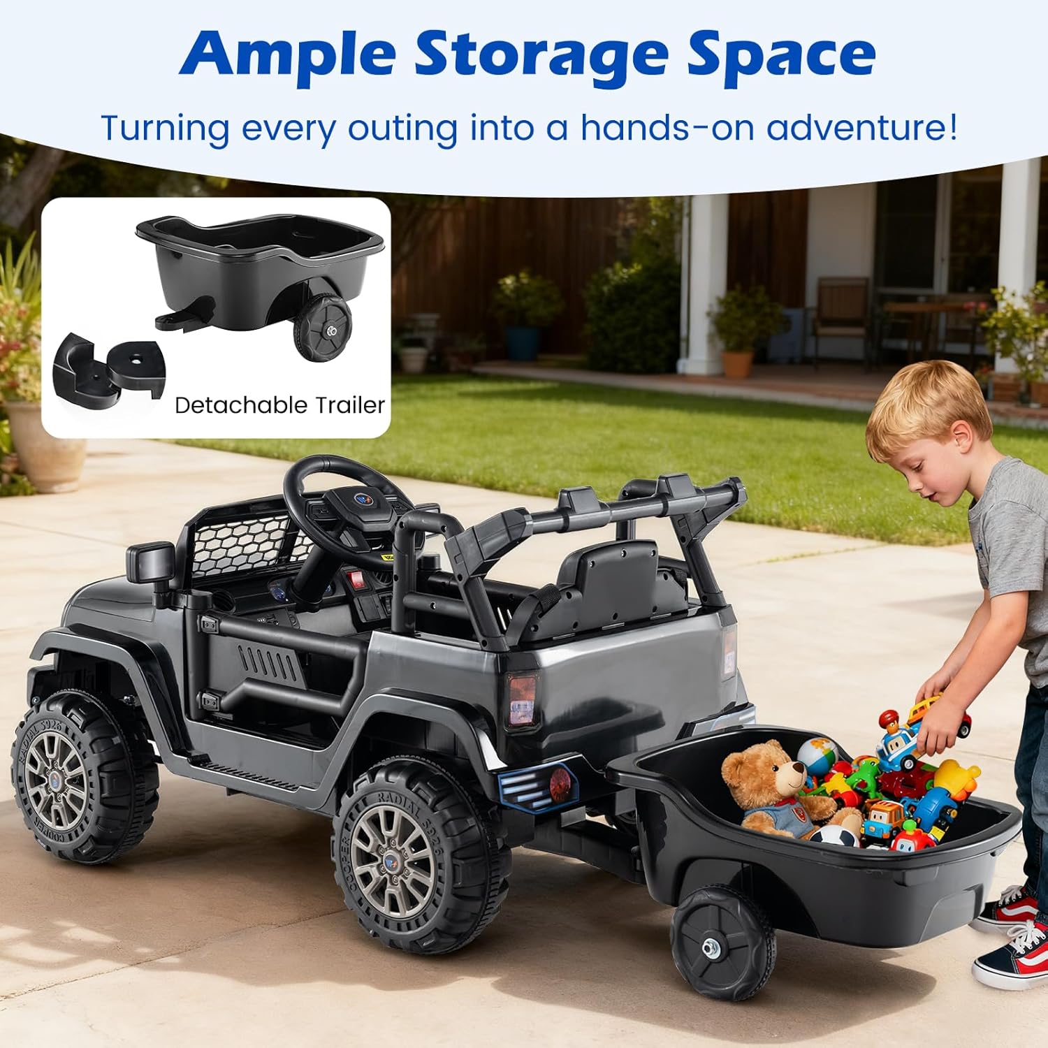 Costzon Ride on Car with Detachable Trailer, 12V Battery Powered Ride on Truck with Parent Remote Control, Light & Music, Electric Vehicle Kids Car Toy for Boys & Girls (Black) - Image 4