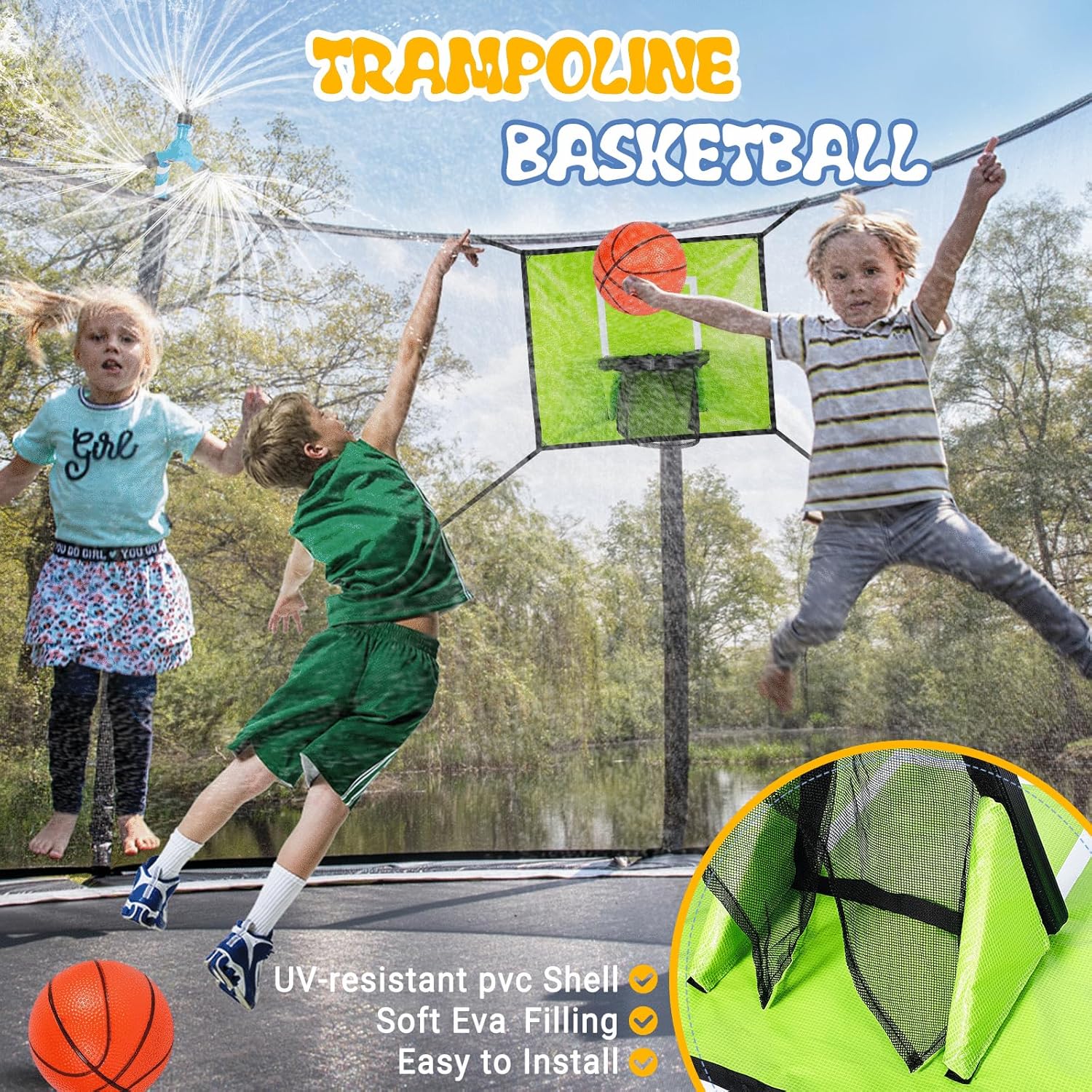 Trampoline Accessories Kit Kids,Basketball Hoop with 3 Mini Basketballs,50FT Solar Lights Fit 8 10 12 14 15 16FT Trampoline Outdoor 8 Mode,Choose from 2 Kits with Sprinkler or Dart Board & Glow Net - Image 4