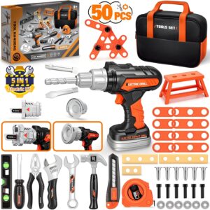 50PCS Kids Tool Set for Boys Ages 3 4 5 6 Years Old – Pretend Play Construction Tool Kits with Portable Tool Bag & Electronic Toy Drill, Toddler Tool Set, Christmas & Birthday Gifts for Boys