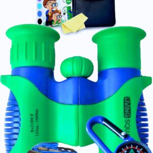 Kids Binoculars 8×21 Shockproof Ages 3–12 with Case, Neck Strap, Compass & Carabiner | High Resolution Optics for Birdwatching, Camping & Hiking