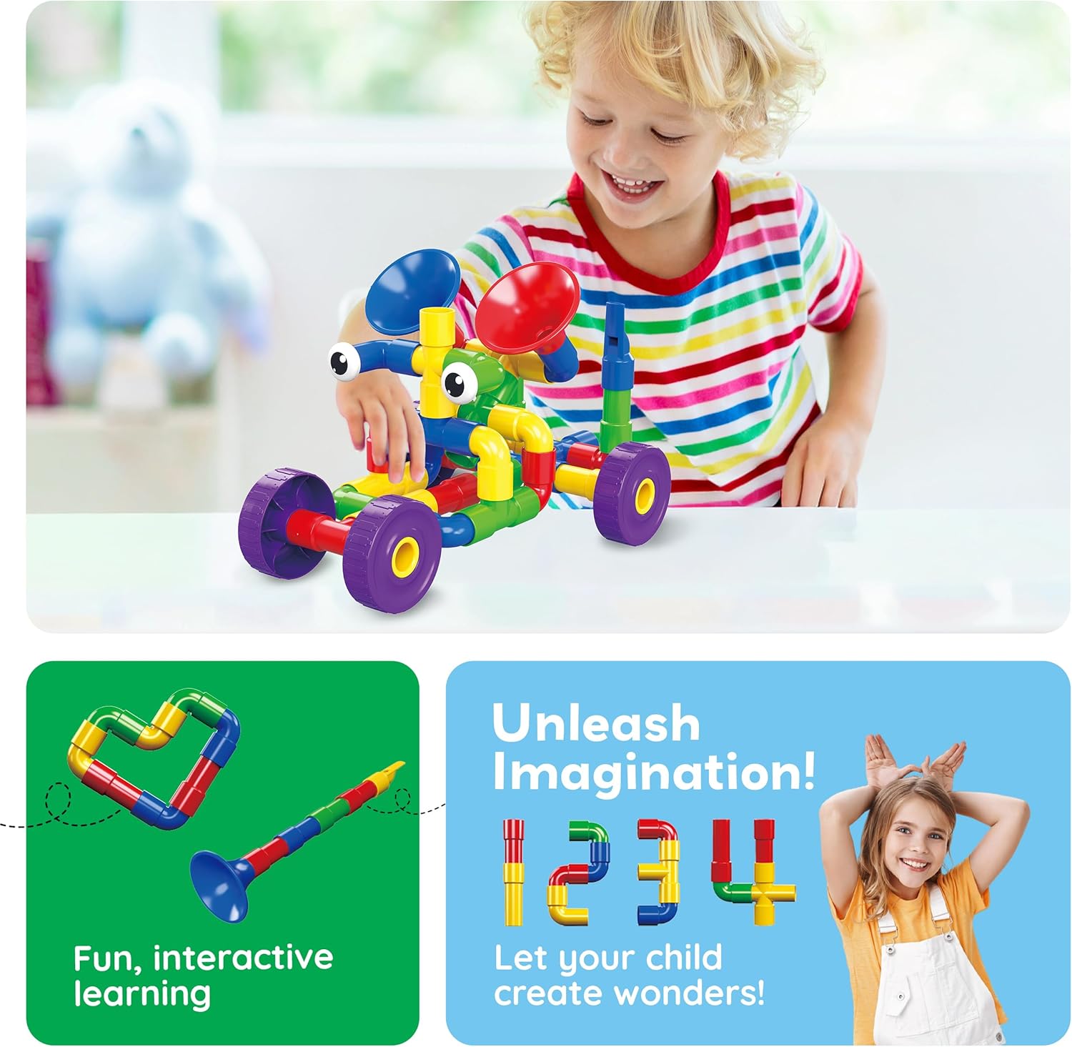 PicassoTiles PTT136 136pcs Tubular Pipes & Spout STEAM Interlocking Educational Building Block Set, Tube Locks, Pipeworks Construction Blocks w/Storage Container Box, Idea Book, Flute Musical Kit - Image 5