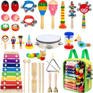 Kids Musical Instruments, 33Pcs 18 Types Wooden Percussion Instruments Tambourine Xylophone Toys for Kids Children, Preschool Education Early Learning Musical Toy for Boys and Girls