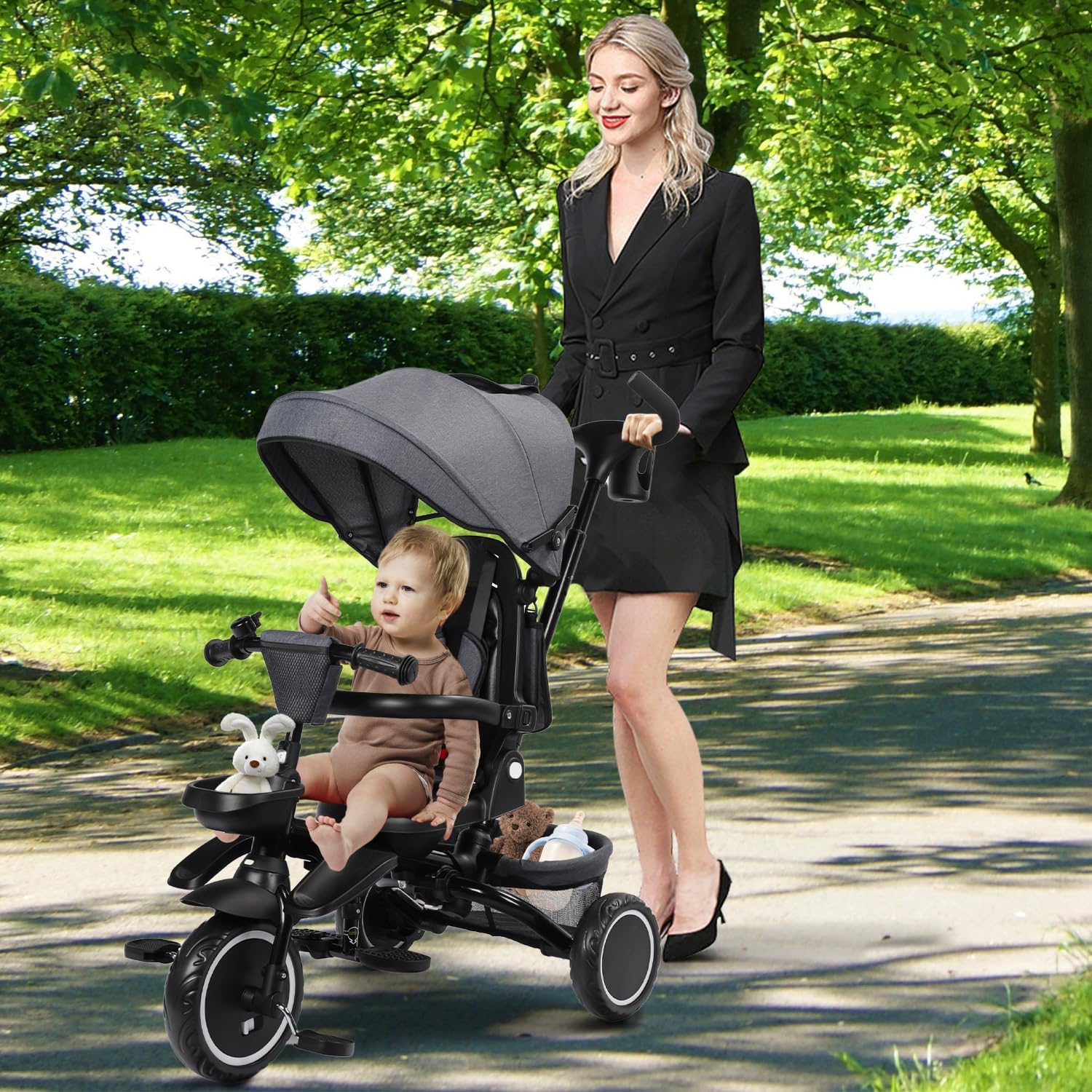 TODEFULL Folding Kids Tricycle, 8 in 1 Toddler Trike W/Removable & Adjustable Canopy, Parent Handle, 5-Piont Harness, Toddler Bike Tricycle for Kids 1-6 Years, EVA Wheels, Storage Basket, Grey - Image 3