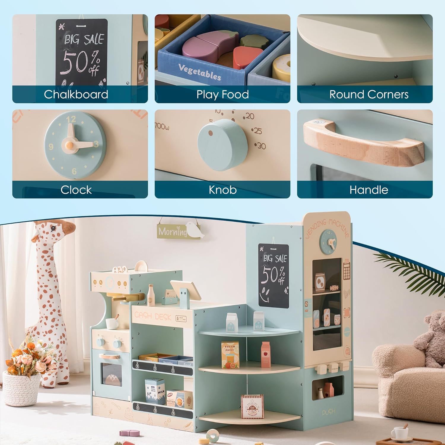 ROBUD Grocery Store Playset, Kids Play Store, Wooden Supermarket Playset with Cash Register, Chalkboard, Vending Machine, Coffee Machine, Oven, Play Food Accessories, Gift for Boys Girls 3+ - Image 4