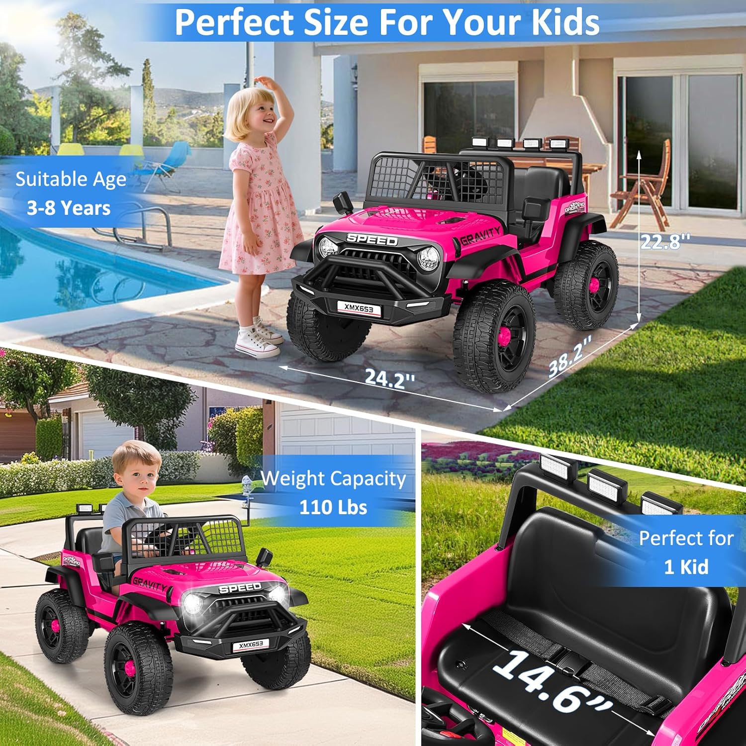 Hikole 24V Ride On Toys for Big Kids, 24V Power Wheels Truck with Remote Control, 3 Speed, Bluetooth, Music, Soft Start, Spring Suspension, LED Light, Electric Cars for Kids Boys Girls 3-5, Pink - Image 6