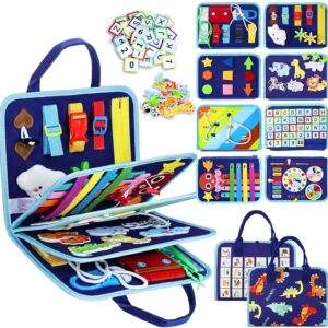 Esjay Toddler Busy Board Montessori Toys for Boys, Sensory Book Educational Activities for Learning Fine Motor Skills, Birthday Gifts for Boys Toddlers, Travel Toys for Airplane Car, Blue Dinosaur