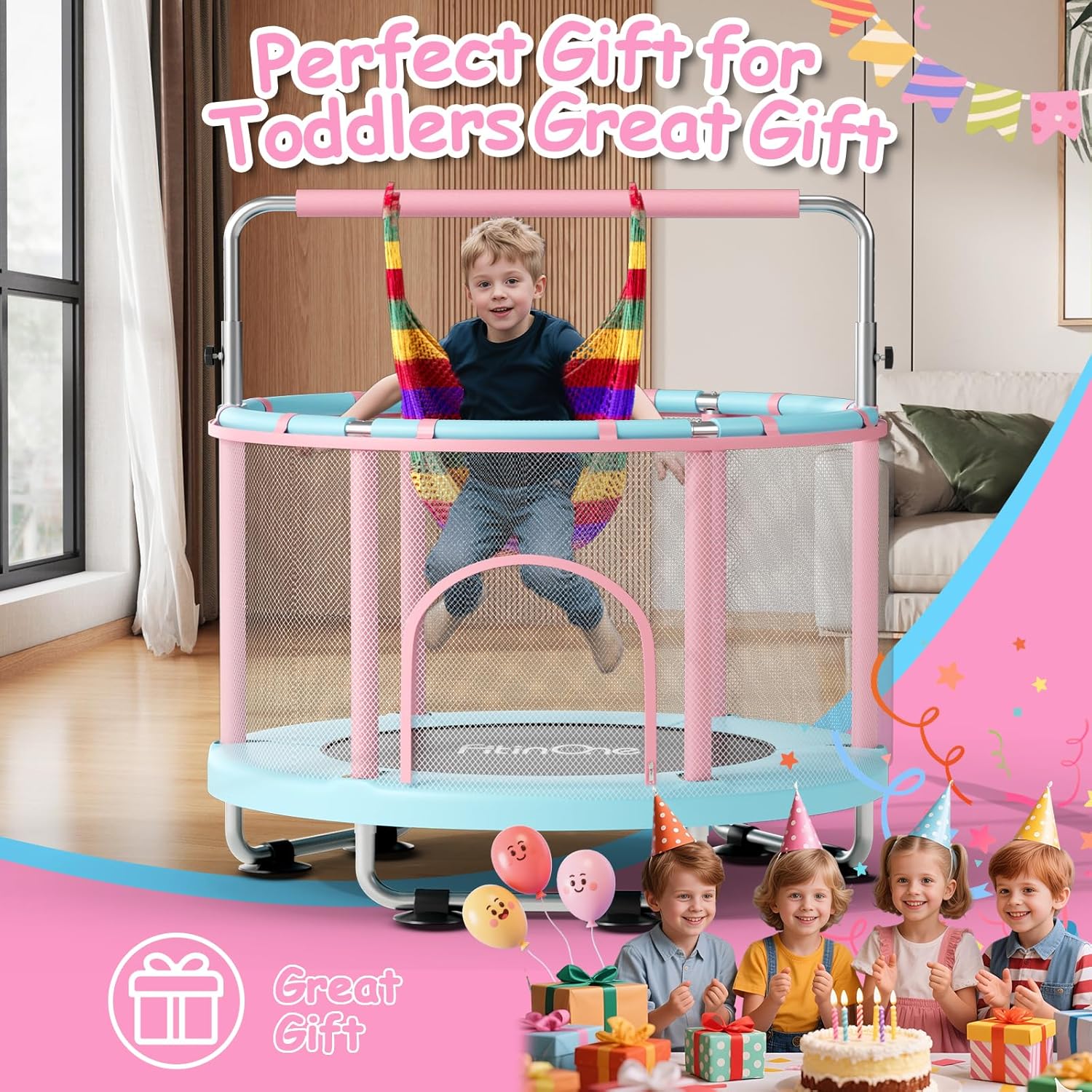 55" Toddler Mini Trampoline for Kids, Indoor Outdoor Toys with Swing, 440lbs Baby Kids Trampoline, Gymnastics Bar, Birthday Gifts for Boy Girl Age 1-8 - Image 9