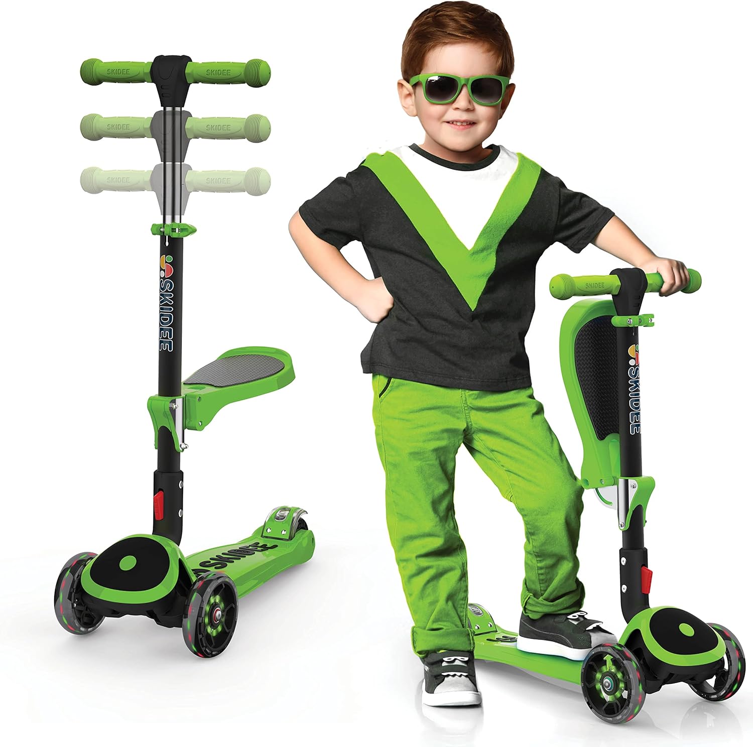 SKIDEE Kick Scooter for Kids Ages 3-5 | Foldable 3 Wheel Scooter with Lean-to-Steer, Adjustable Height, Removable Seat & LED Light Wheels | Toddler Scooter Up to 12 Year Old Boys/Girls