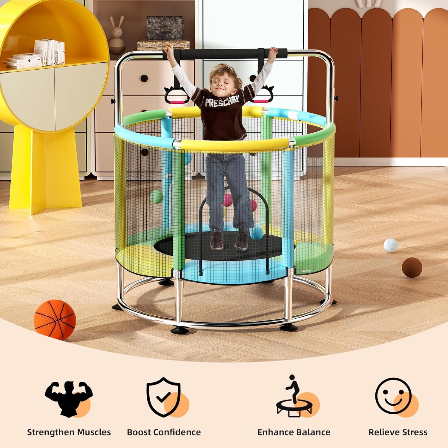 55" Trampoline for Kids,Up to 440 Ibs Mini Trampoline with Anti-Rollover Round Bottom,Indoor & Outdoor Toddler Trampoline with Safety Enclosure,Adjustable Gymnastics Bars,Basketball Hoop - Image 7