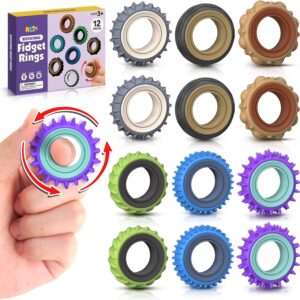 Fidget Toys Adults Sensory Rings: 12 Pack Texture Spinner Rings – Stress Relief Sensory Toys for Kids ADHD – Quiet Desk Fidgets for Classroom Stress Office for Teens Boys