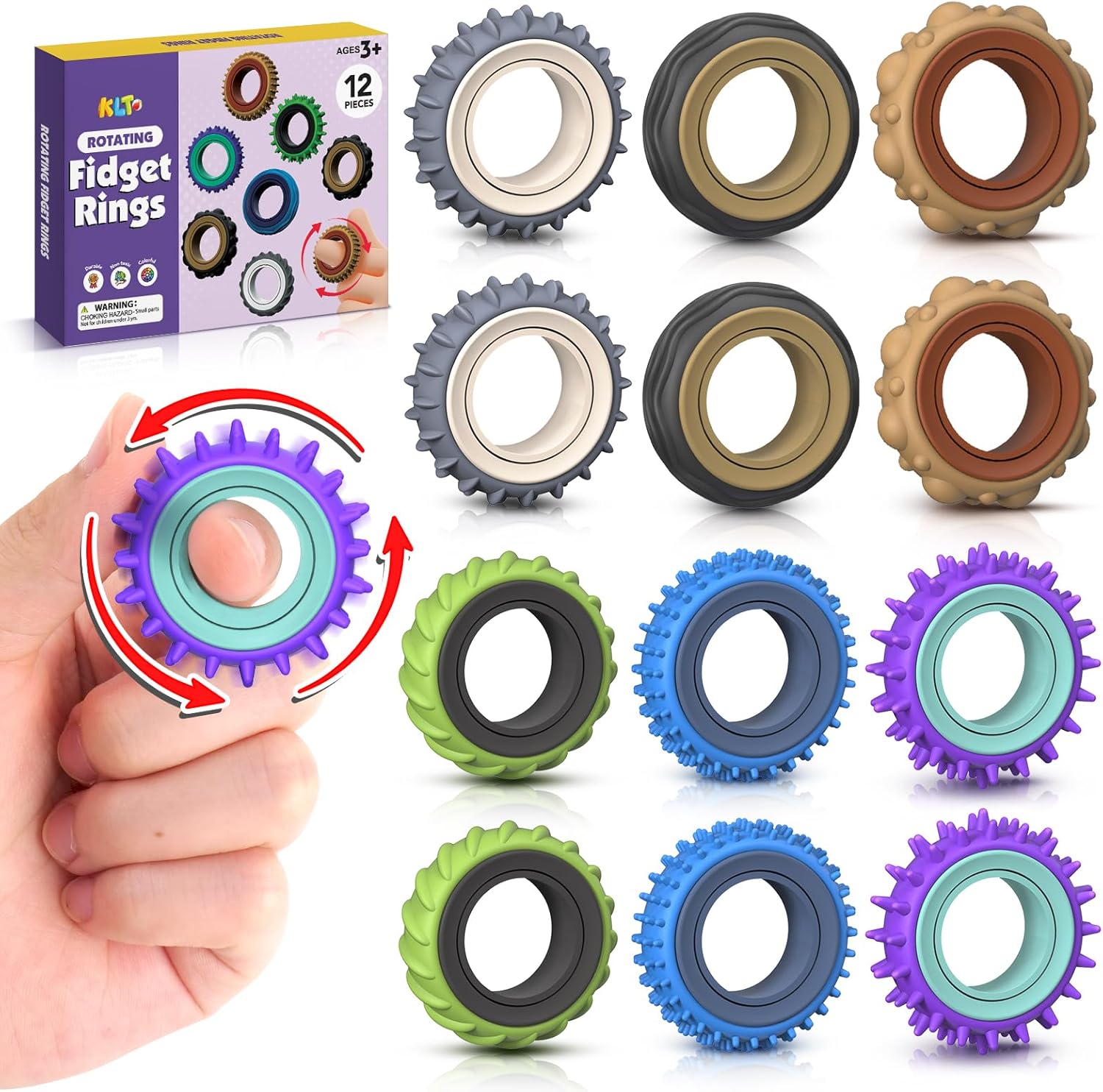 Fidget Toys Adults Sensory Rings: 12 Pack Texture Spinner Rings - Stress Relief Sensory Toys for Kids ADHD - Quiet Desk Fidgets for Classroom Stress Office for Teens Boys