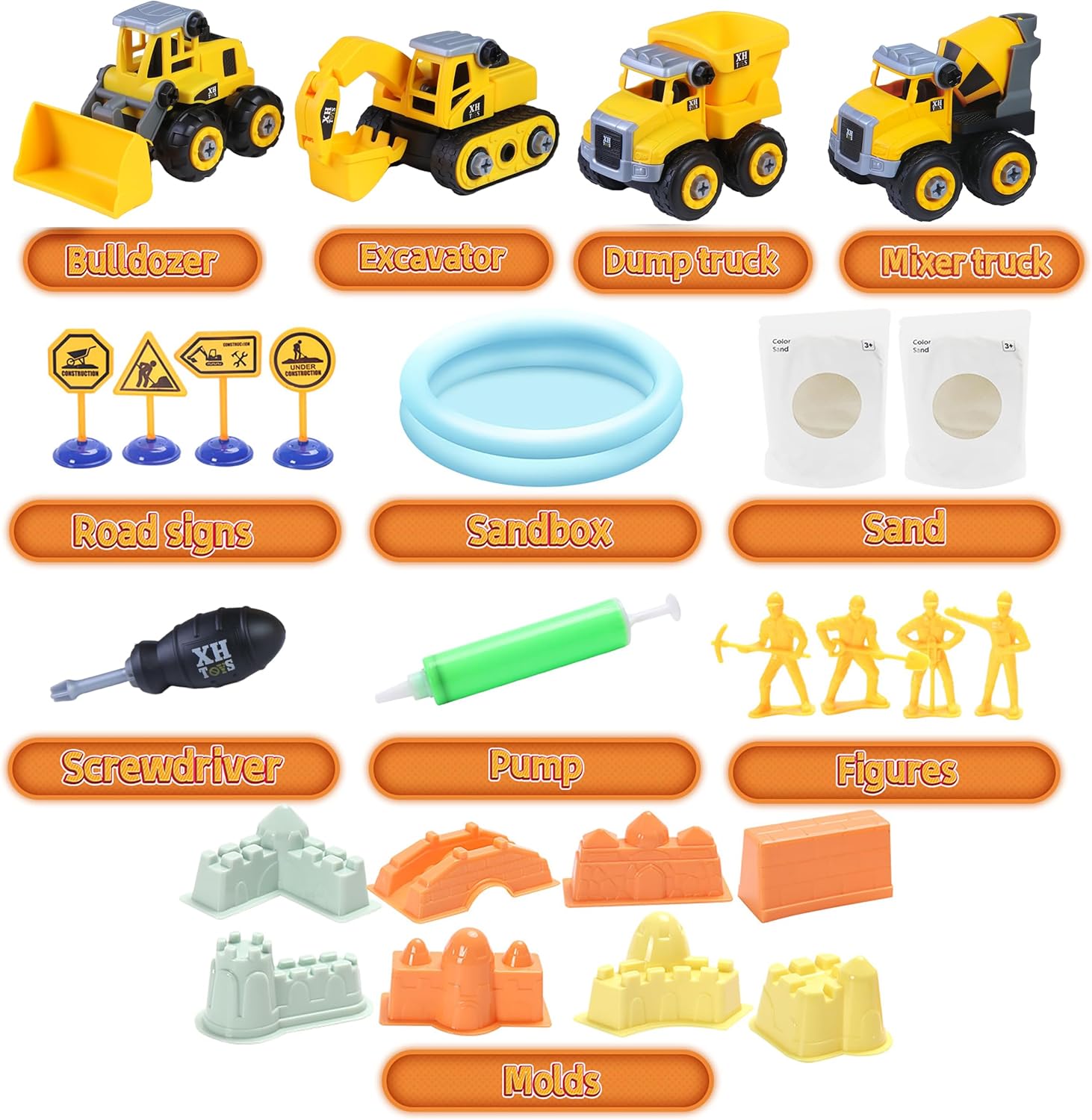 YIDESTARS Play Construction Sand Kit,2.2lbs Magic Sand W/4 Large Take Apart Construction Trucks,1 Sandbox,8 Worker Figures and Road Signs,8 Molds,Toys for 2-8 Years Old Boys Girls - Image 6