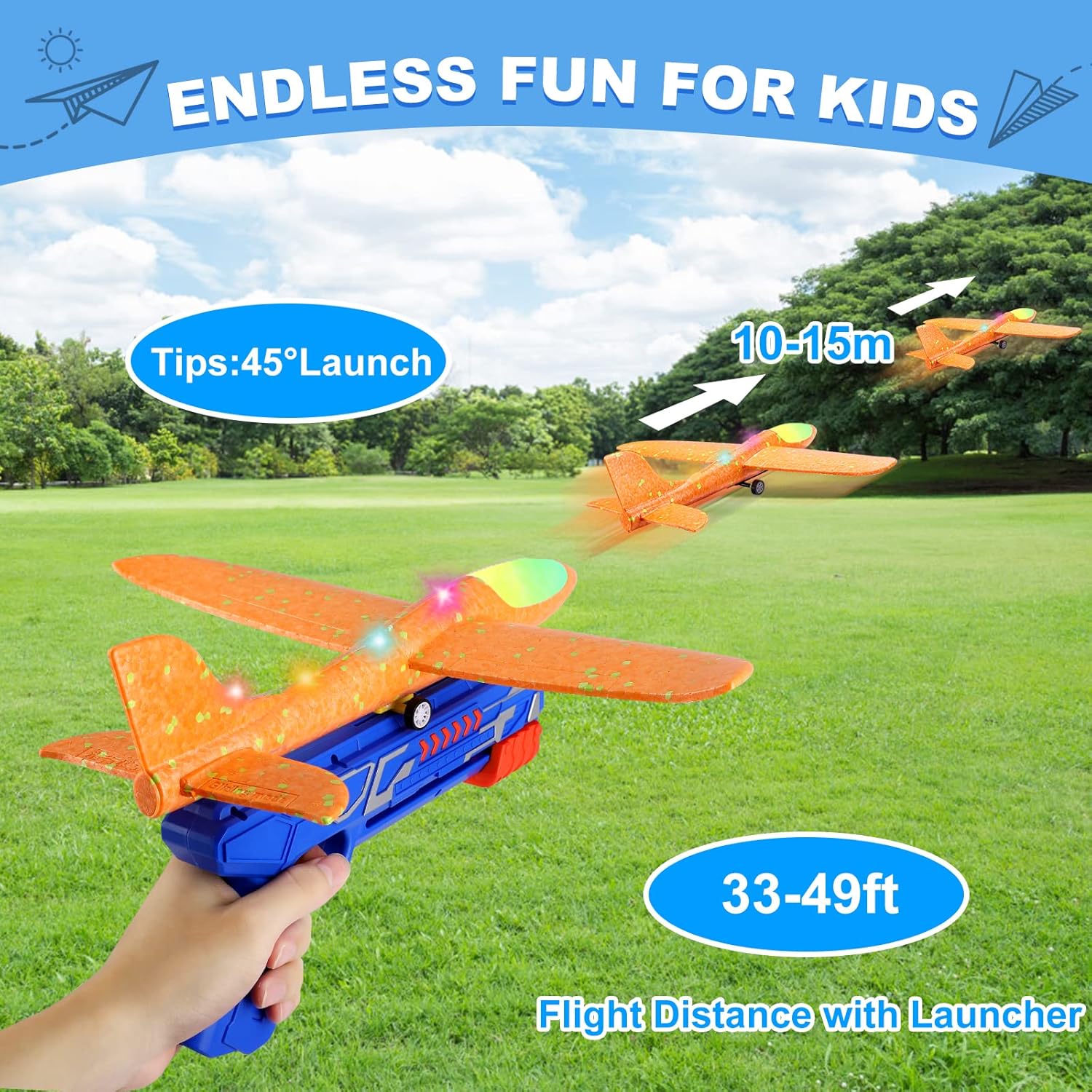 Fuwidvia 3 Pack Airplane Launcher Toys, 13.2'' LED Foam Glider Plane Toy for Boys, 2 Flight Modes Outdoor Flying Toys Birthday Gifts for Boys Girls 4 5 6 7 8 9 10 11 12 Year Old (Blue&Green&Orange) - Image 2