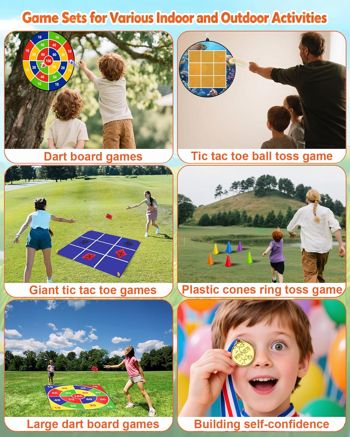 Carnival Games Set, Giant Tic Tac Toe Games, 4.5ft x 4.5ft Double-Sided, 26" Dart Board with Sticky Balls, Soft Plastic Cones Ring Toss Game Set for Kids Adults Family Outdoor Lawn Yard Birthday Party - Image 2