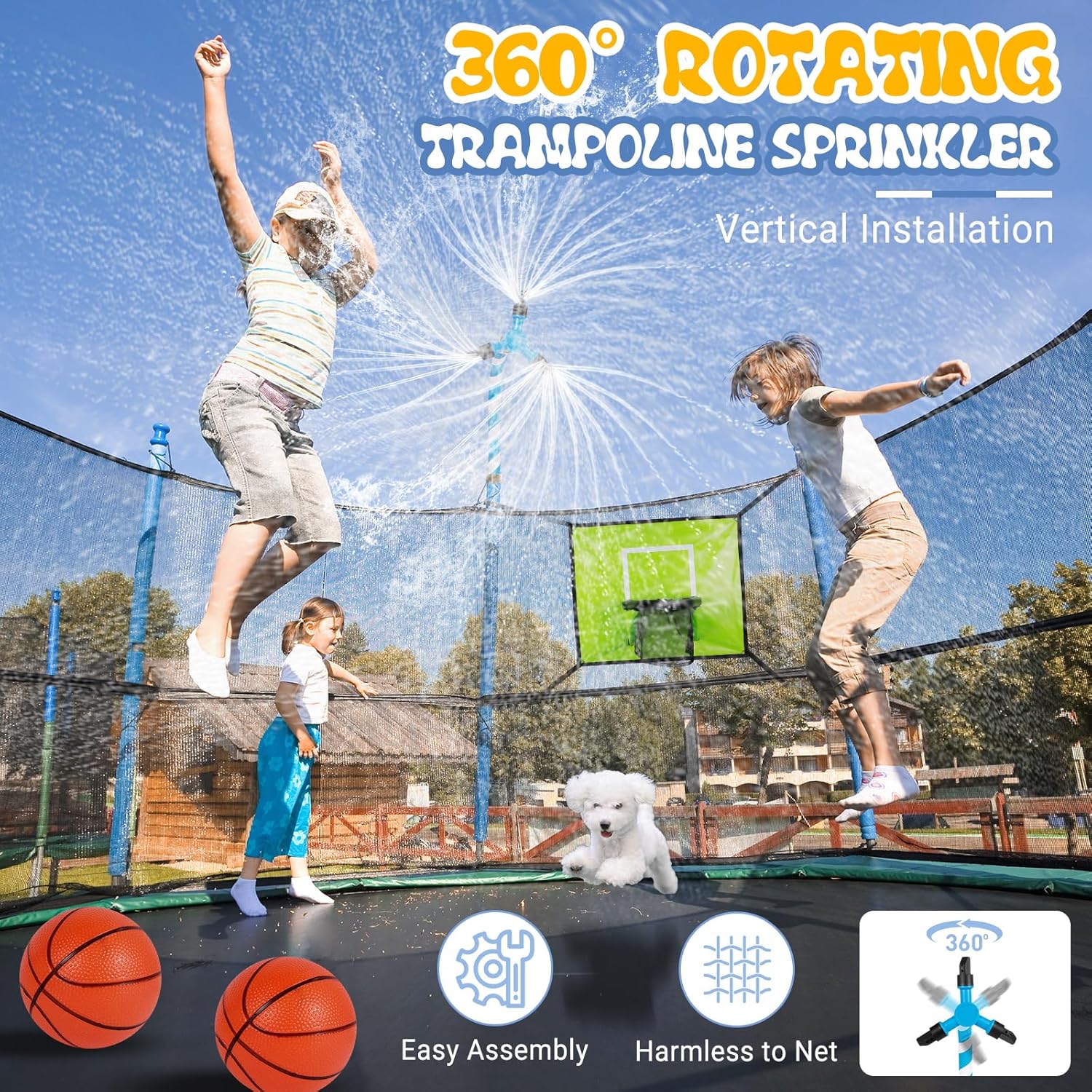 Trampoline Accessories Kit Kids,Basketball Hoop with 3 Mini Basketballs,50FT Solar Lights Fit 8 10 12 14 15 16FT Trampoline Outdoor 8 Mode,Choose from 2 Kits with Sprinkler or Dart Board & Glow Net - Image 3