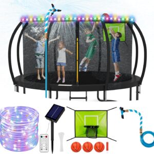 Trampoline Accessories Kit Kids,Basketball Hoop with 3 Mini Basketballs,50FT Solar Lights Fit 8 10 12 14 15 16FT Trampoline Outdoor 8 Mode,Choose from 2 Kits with Sprinkler or Dart Board & Glow Net