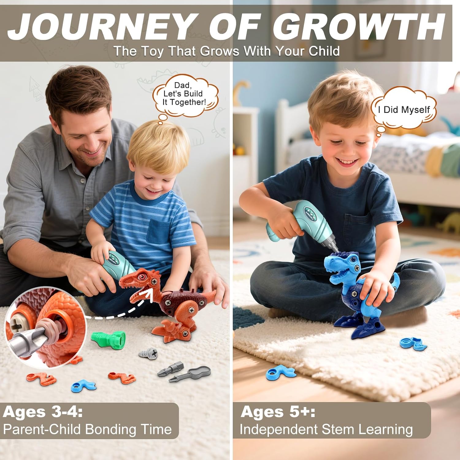 Laradola Take Apart Dinosaur Toys: 3 Pack Dinosaur Construction Building Set with Electric Toy Drill & Screwdrivers - STEM Educational Hands-On Play Birthday Gift for Boys Girls Ages 3-5 5-7 - Image 6