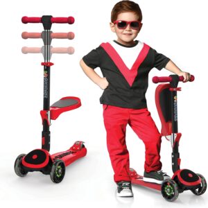 SKIDEE Kick Scooter for Kids Ages 3-5 | Foldable 3 Wheel Scooter with Lean-to-Steer, Adjustable Height, Removable Seat & LED Light Wheels | Toddler Scooter Up to 12 Year Old Boys/Girls