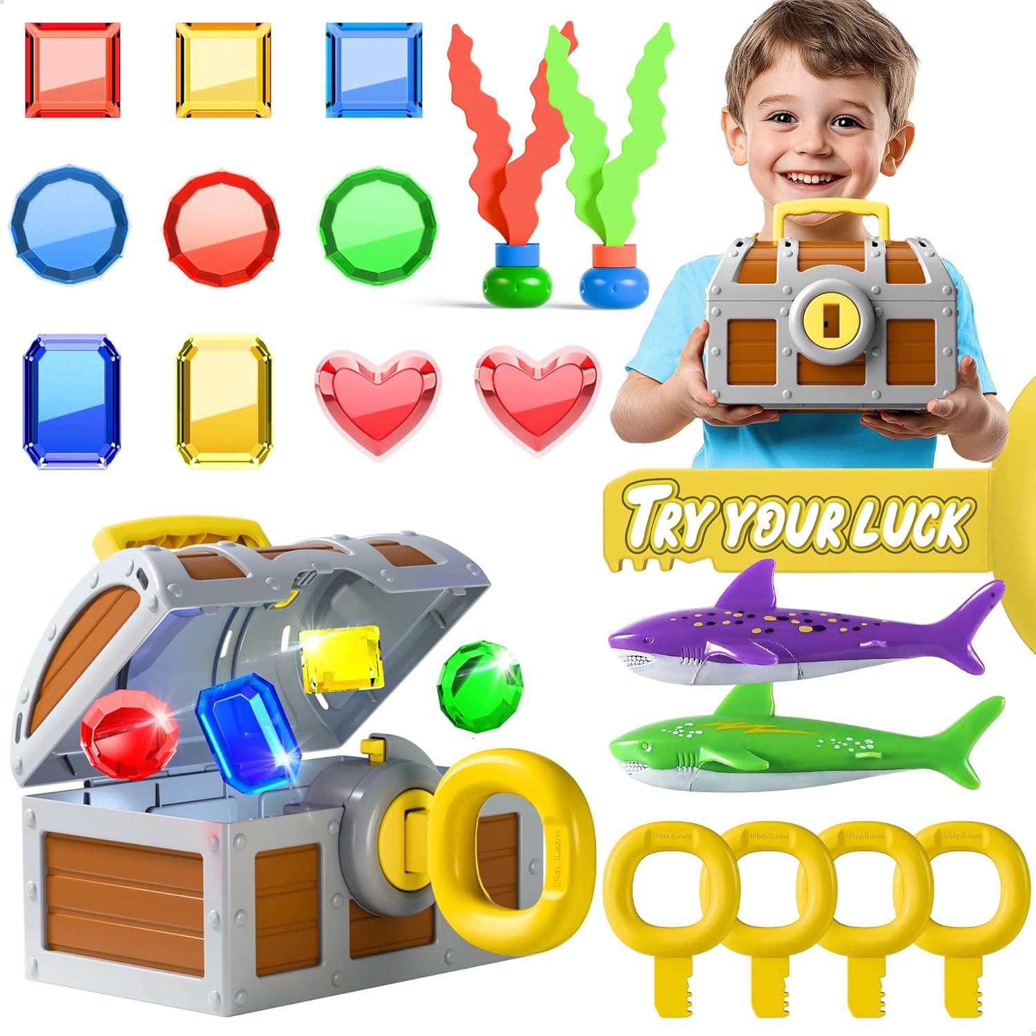 Funscape Kids Diving Pool Toy, Large Treasure Chest Water Dive Game W/Keys Gems Fish, Toddler Outdoor Swimming Treasure Box Playset, Fun Summer Swim Party Gifts 3 4 5 6 7 8 10 12 Year Old Boy Girl - Image 6