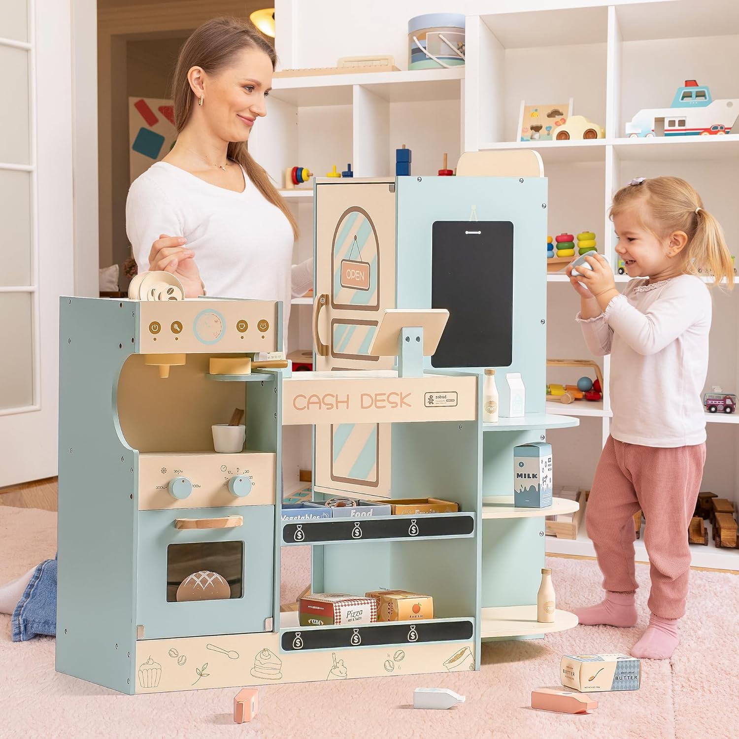 ROBUD Grocery Store Playset, Kids Play Store, Wooden Supermarket Playset with Cash Register, Chalkboard, Vending Machine, Coffee Machine, Oven, Play Food Accessories, Gift for Boys Girls 3+ - Image 9