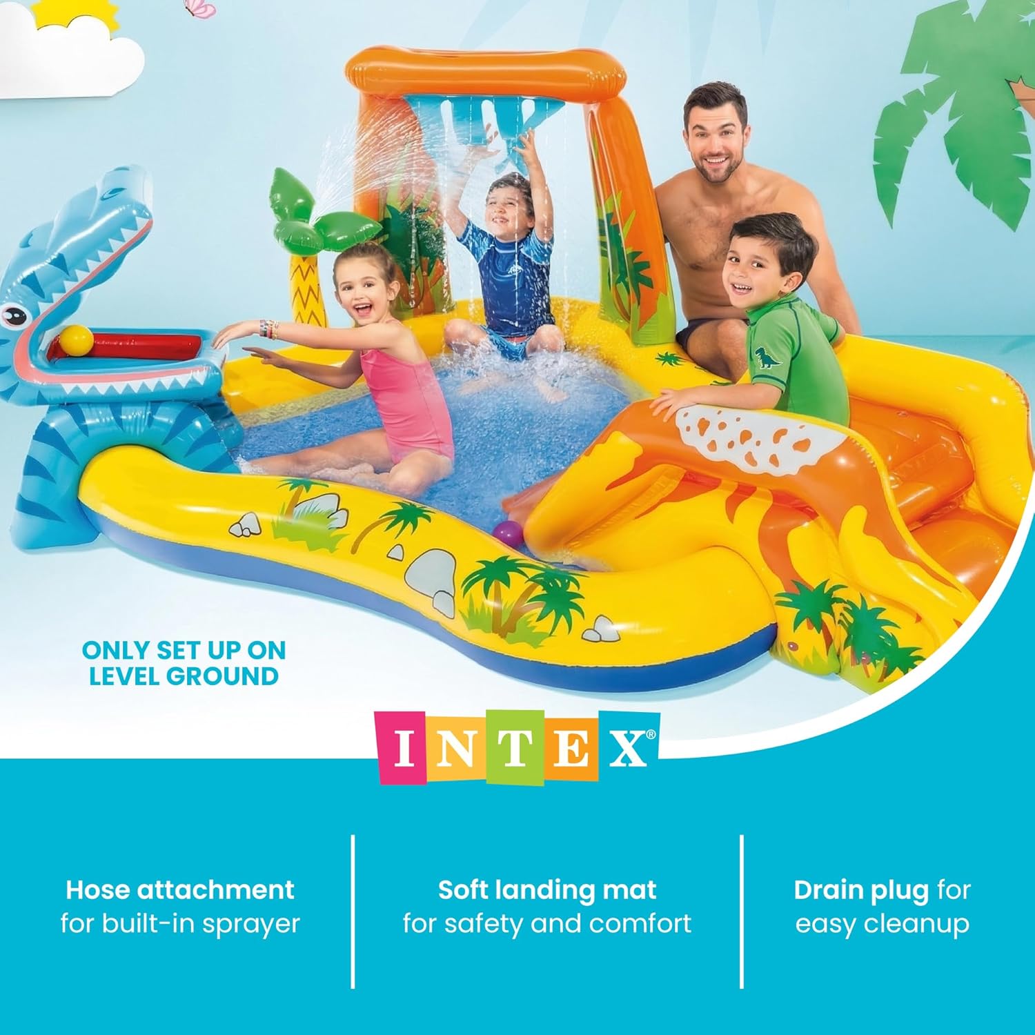 Intex Inflatable Dinosaur Play Center Outdoor Playhouse Inflatable Water Park with Kid Pool Slide, Water Sprayer, Waterfall, and 6 Balls, Multicolor - Image 5