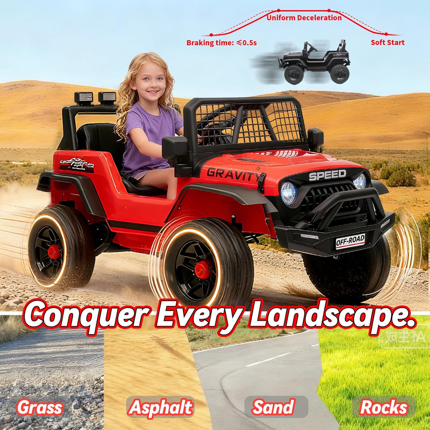 24V Jeep Power Wheels w/Remote Control, 4WD Ride on Truck Car, 3 Speed, Bluetooth Music, Wide Seat, Spring Suspension, LED Light, Birthday for Boys Girls Toddler (Black+Red) - Image 7