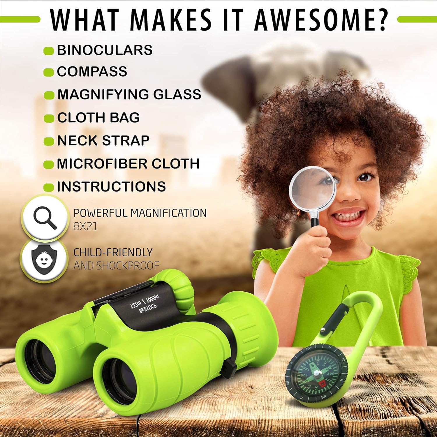 Binoculars for Kids – Perfect Toy for Little Boys and Girls – Extensive Set Incl. Magnifying Glass & Compass – Powerful Magnification 8X21 – 3 to 12 Year Old Kids for Toddler - Image 3
