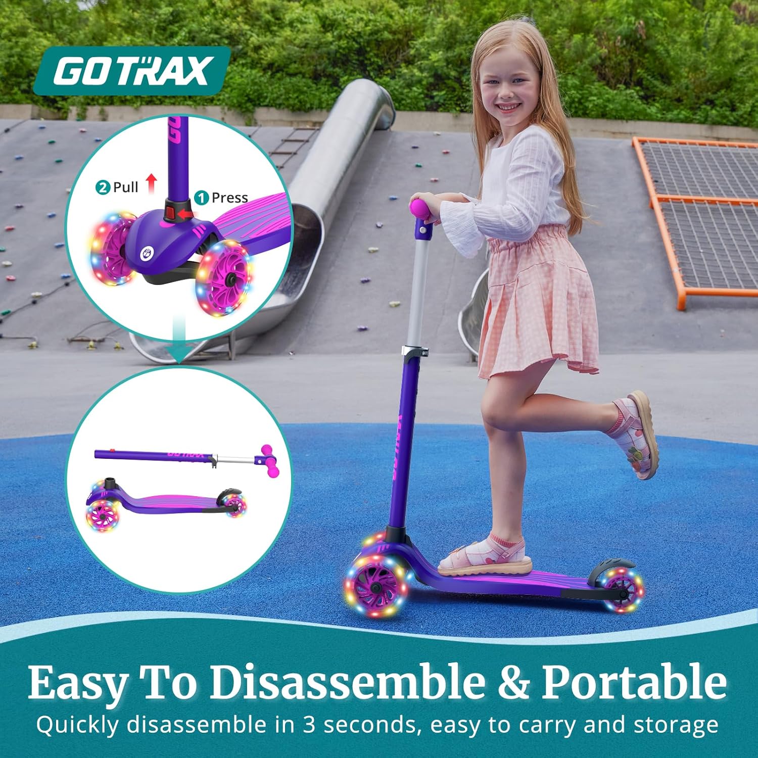 Gotrax KS1 Kids Kick Scooter, LED Lighted Wheels and 3 Adjustable Height Handlebars, Lean-to-Steer & Widen Anti-Slip Deck, 3 Wheel Scooter for Boys & Girls Ages 2-8 and up to 110 Lbs - Image 5