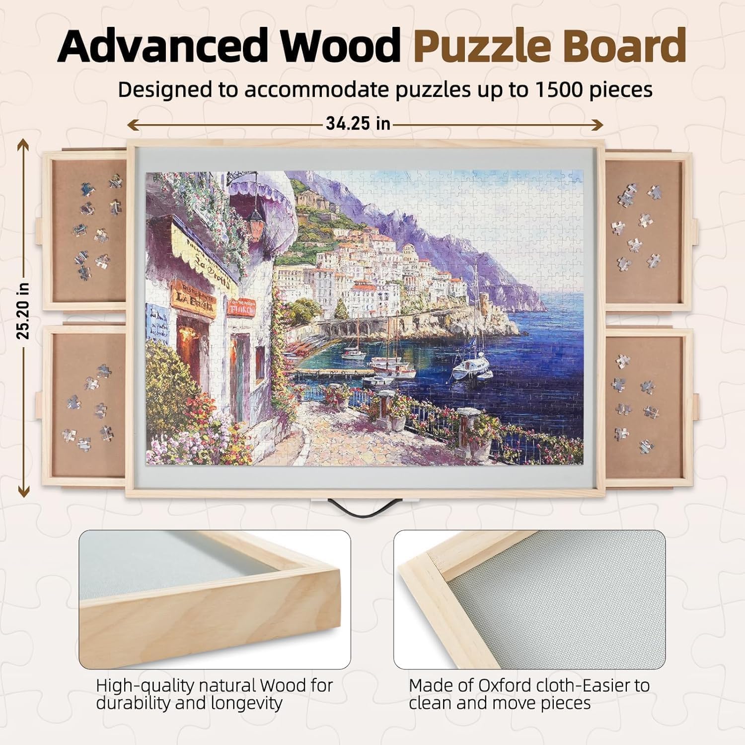 ALL4JIG 1500 Pieces 2-in-1 Tilting & Rotating Puzzle Board for Adults Gifts, 24.53" x 33.19"Wooden Jigsaw Puzzle Table with 4 Drawers, Portable Board with Lazy Susan and Cover, - Image 2