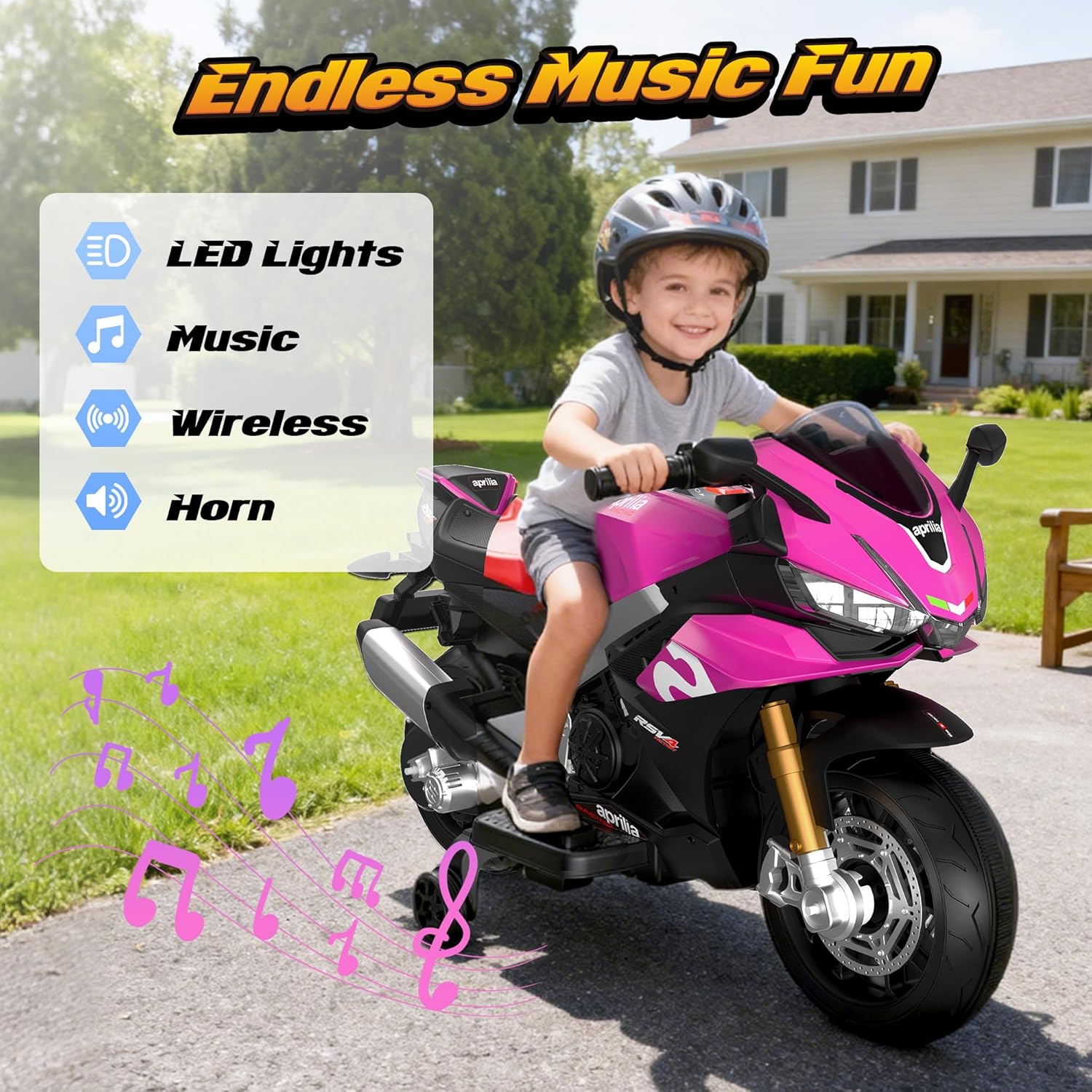 Kids Motorcycle, 12V Licensed Aprilia RSV4 Electric Motorcycle for Kids, Training Wheels, LED Headlight, Music, Battery Powered Ride on Motorcycle for Toddler Boys Girls Pink - Image 5