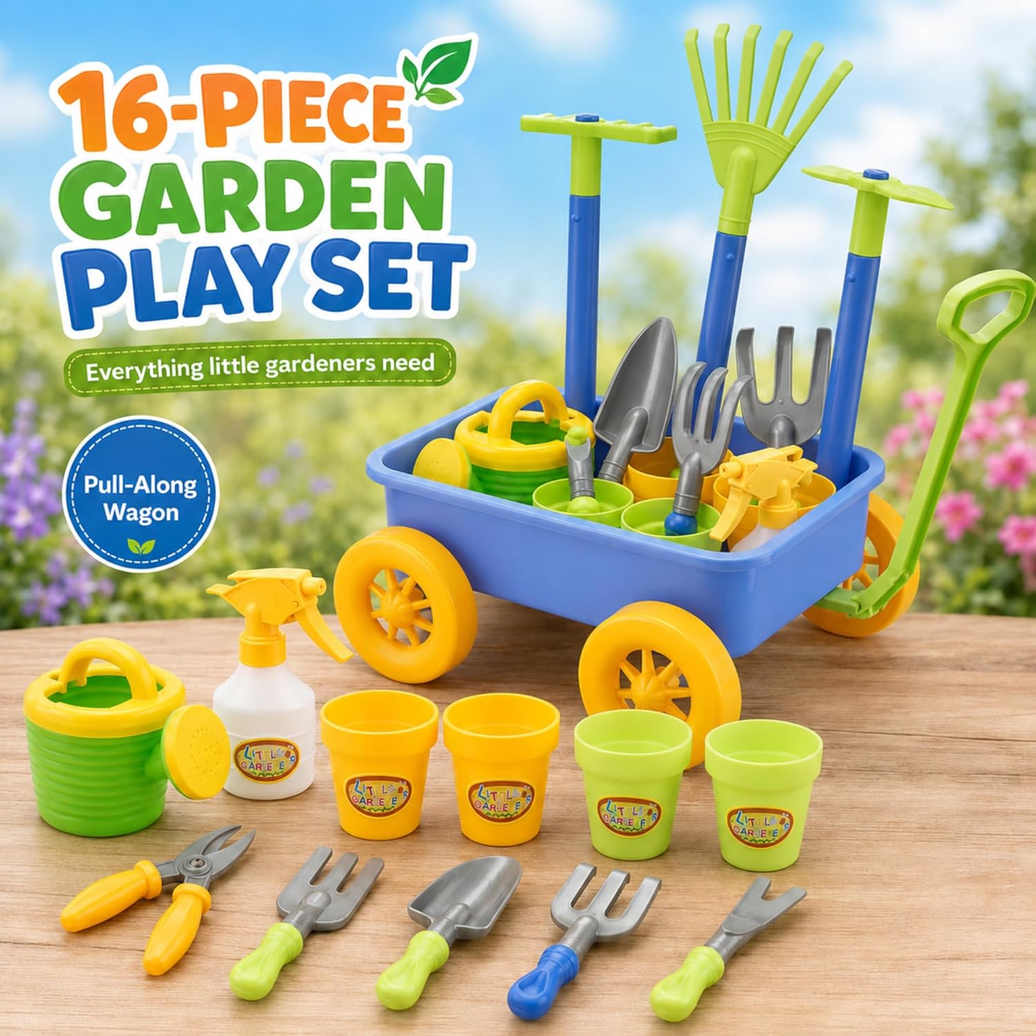 Liberty Imports Pull Along Garden Wagon and Gardening Tools Toy Play Set for Toddlers, Kids with Outdoor Tools, Plant Pots, Accessories - Image 7