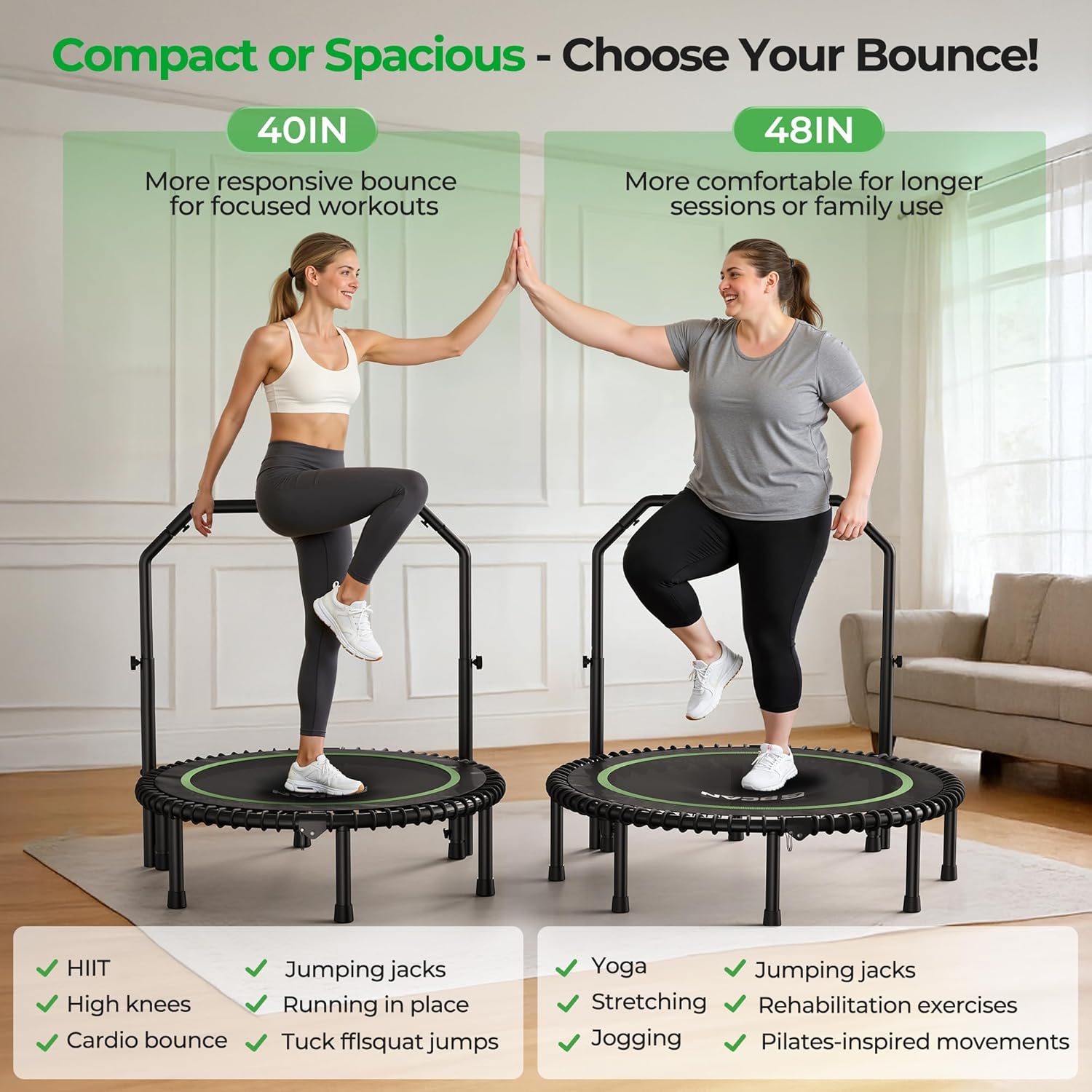 BCAN BT2 450/550LBS Mini Rebounder Trampoline for Adults with Bar, Fitness Trampoline with Bungees, Adjustable Handle, Stable & Quiet, Indoor Outdoor, Whole-Body Workout & Relaxation at Home-40IN/48IN - Image 8