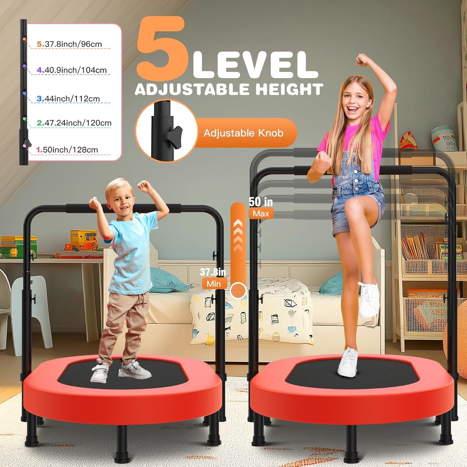 ANCHEER 56" Double Mini Trampoline for Kids, Mini Rebounder with 5-Level Adjustable Handle, Parent-Child Trampoline for Kids, Max Load 220lbs, Fun for Indoor/Outdoor - Image 2