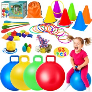 JOY SPOT! Carnival Outdoor Games Combo Set for Kids, 18 Inch Hopper Balls with Handles, Ring Toss, Bean Bags, Egg Spoon Relay Race, Fun for Backyard, Field Day, School, Birthday Parties, Family Events